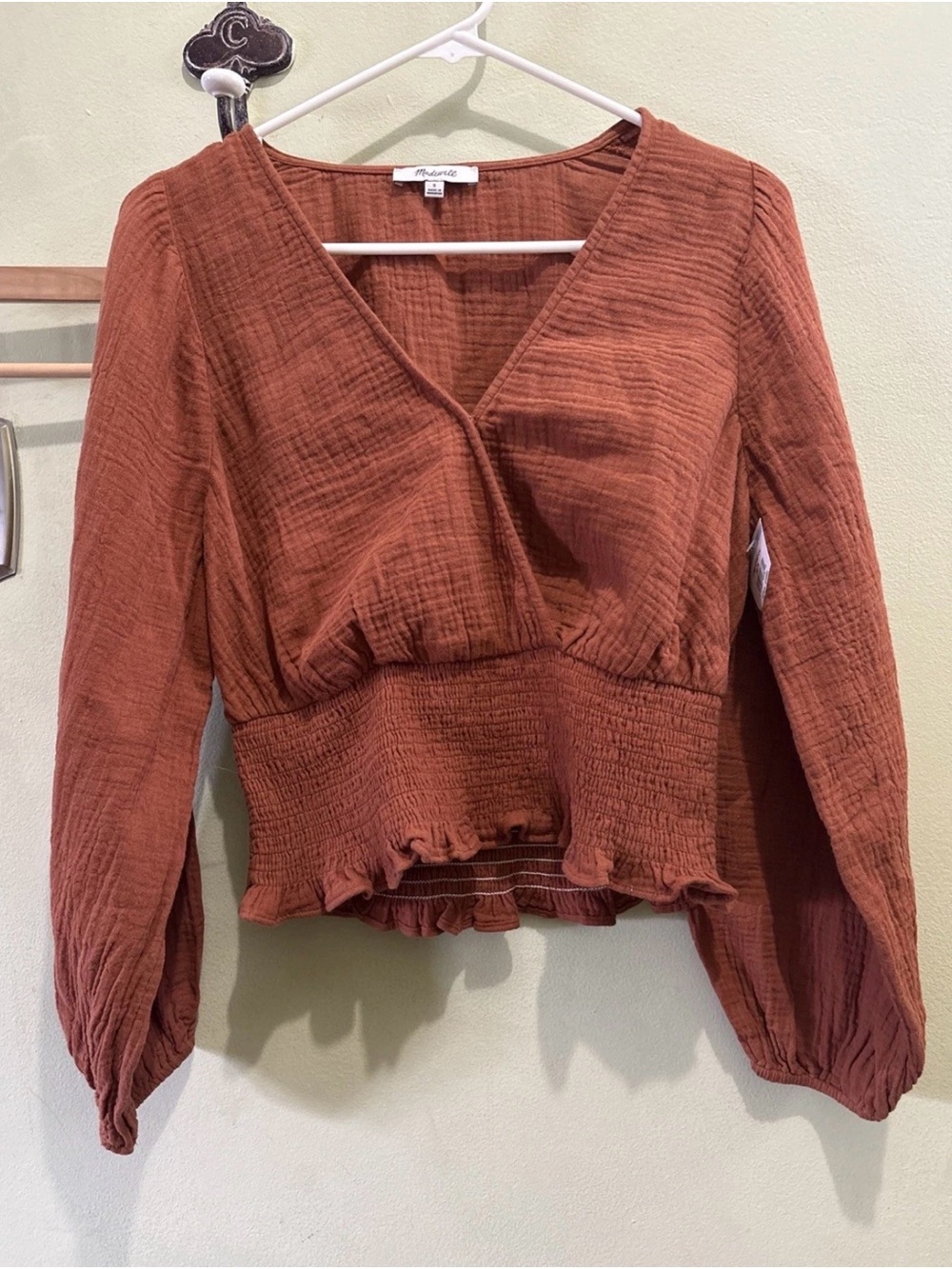 Madewell Rust Smocked-Peplum V-Neck Long Sleeve Top